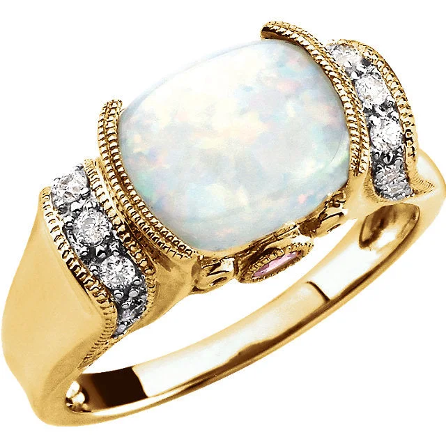 14k Yellow Gold Australian Opal, Pink Tourmaline & 1/6 CTW Diamond Ring