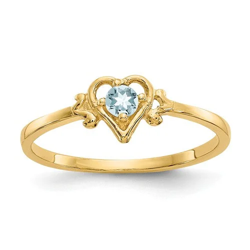 14k Yellow Gold Genuine Aquamarine March Birthstone Heart Ring