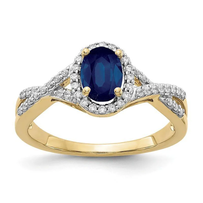 14k Yellow Gold Genuine Blue Sapphire Oval & Diamond Halo Twist Ring