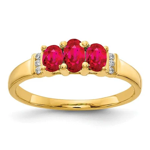 14k Yellow Gold Triple Genuine Oval Ruby And Diamond Ring