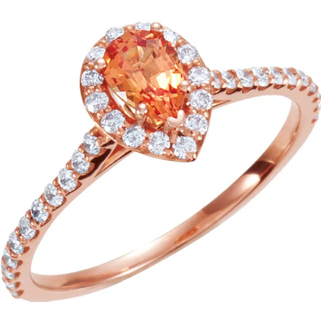 14k Rose Gold Pear Lab Created Padparadscha Sapphire & Diamond Halo Engagement Ring