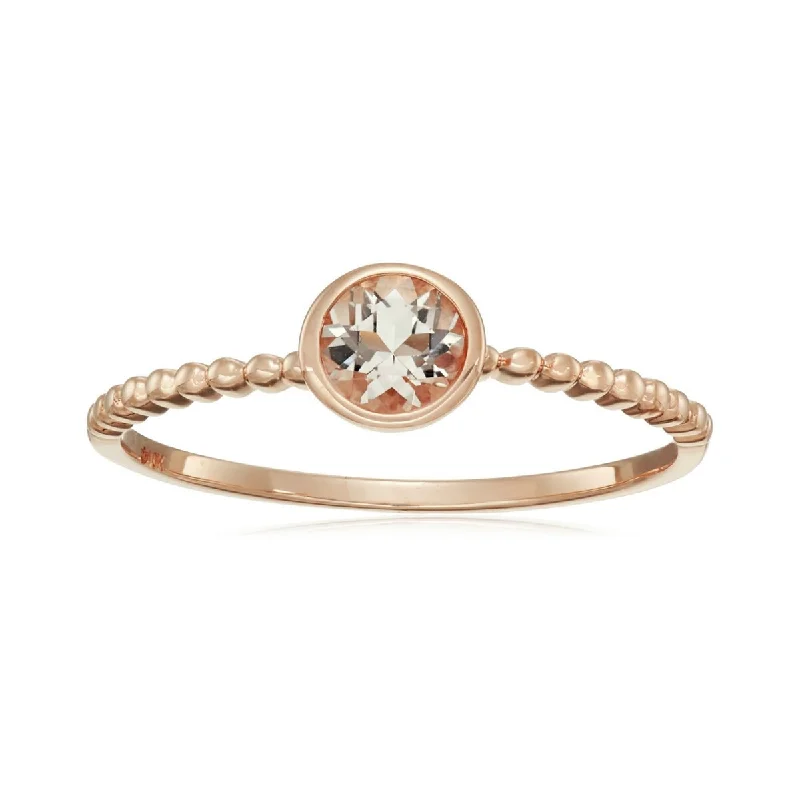 14kt Rose Gold Morganite Round Solitaire Beaded Shank Stackable Ring