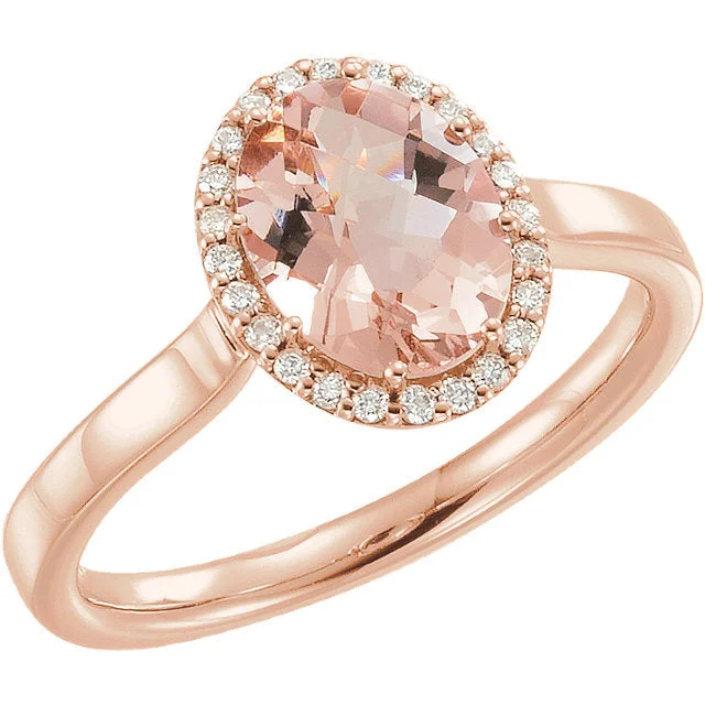 14k Rose Gold Oval Morganite & 1/8 CTW Diamond Halo Ring