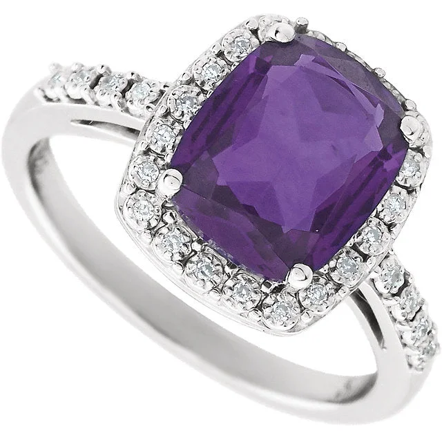 14k White Gold 10x8 Antique Cushion Amethyst & Diamond Halo Ring