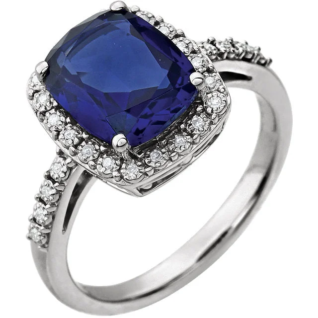 14k White Gold 10x8 Antique Cushion Created Blue Sapphire & Diamond Halo Ring