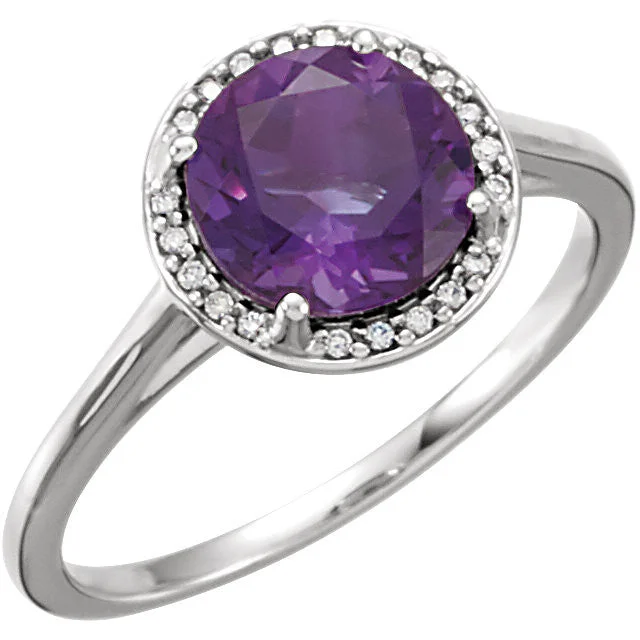 14k Gold Amethyst and .05CTW Diamond Halo Ring