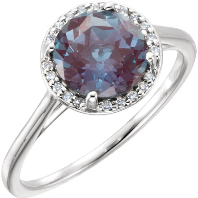 14k Gold Lab Created 8mm Round Alexandrite & Diamond Halo Ring