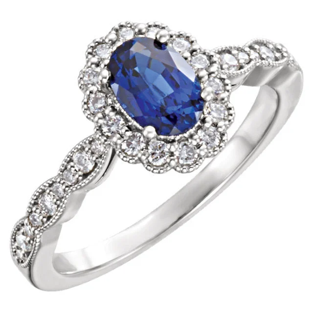 14k White Gold Oval Created Blue Sapphire & Diamond Halo Ring