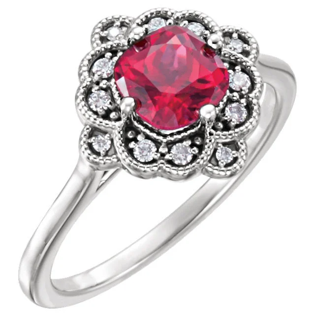 14k White Gold Cushion Lab Created Ruby & 1/10 CTW Diamond Floral Halo Ring