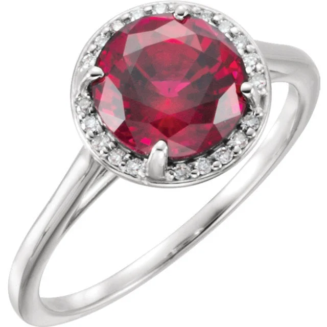 14k Gold Lab Grown 8mm Round Ruby & Diamond Halo Ring