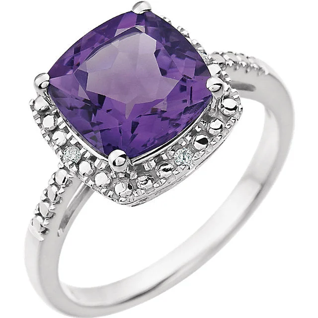 14k White Gold 9mm Cushion Cut Amethyst & Diamond Halo-Style Ring