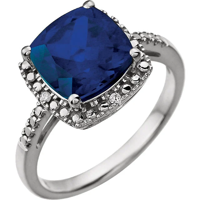 14k White Gold 9mm Cushion Cut Created Blue Sapphire & Diamond Halo-Style Ring