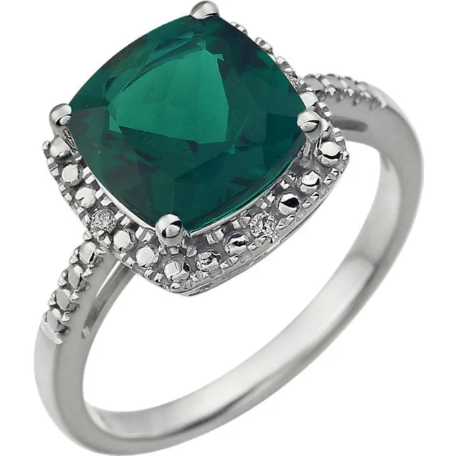 14k White Gold 9mm Cushion Cut Created Emerald & Diamond Halo-Style Ring