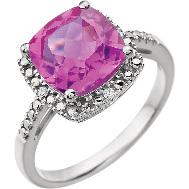 14k White Gold 9mm Cushion Cut Created Pink Sapphire & Diamond Halo-Style Ring