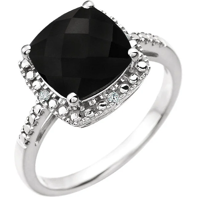 14k White Gold 9mm Cushion Cut Onyx & Diamond Halo-Style Ring