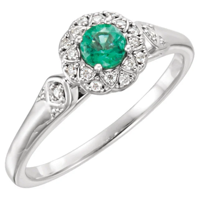 14k Gold Genuine Emerald & 1/10 CTW Diamond Halo-Style Ring