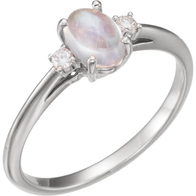 Oval 7x5mm Rainbow Moonstone & Diamond Ring - Sterling Silver or 14k White Yellow or Rose Gold