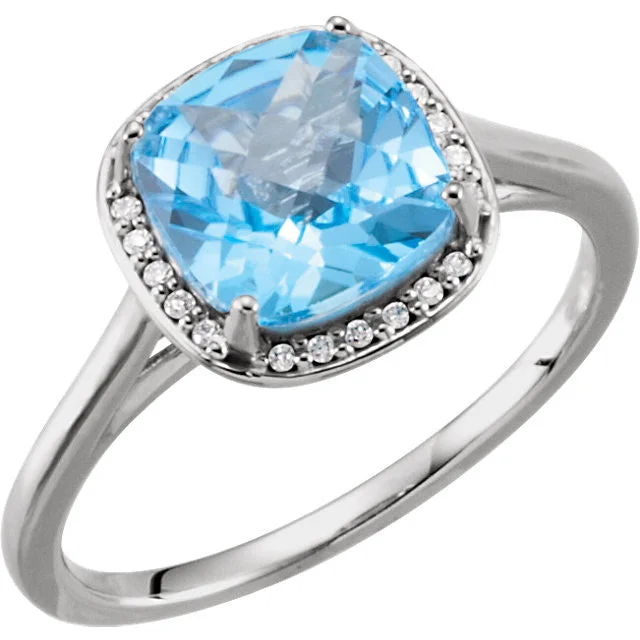 14k Gold 8mm Cushion Cut Swiss Blue Topaz & Diamond Halo Ring