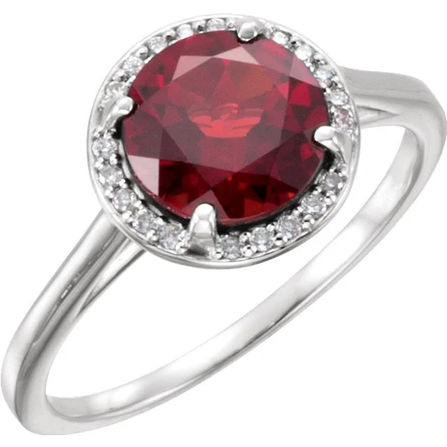 14k Gold 8mm Round Mozambique Garnet and .05CTW Diamond Halo Ring