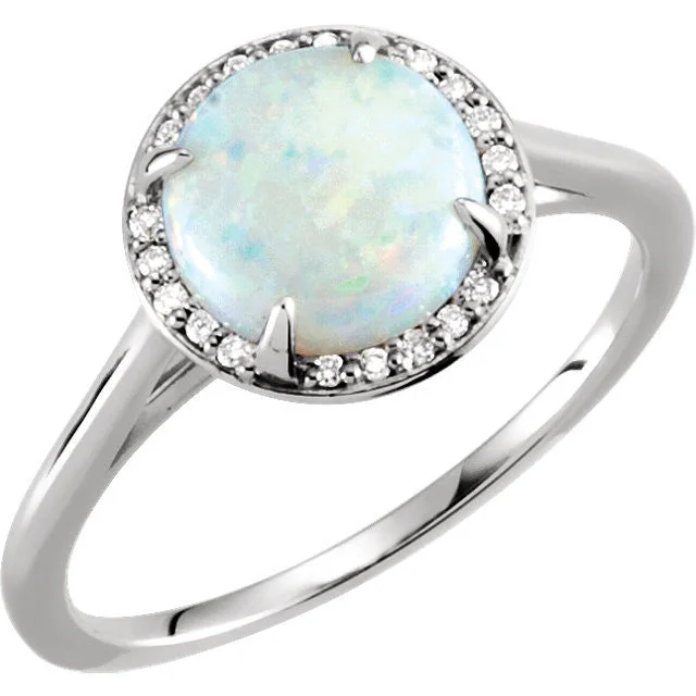 14k Gold 8mm Round Genuine Australian Opal & .05 CTW Diamond Halo Ring