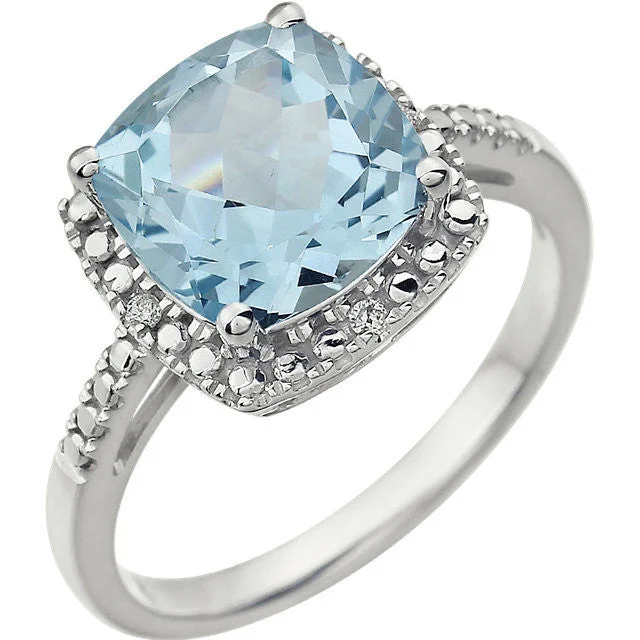 14k White Gold 9mm Cushion Cut Sky Blue Topaz & Diamond Halo-Style Ring