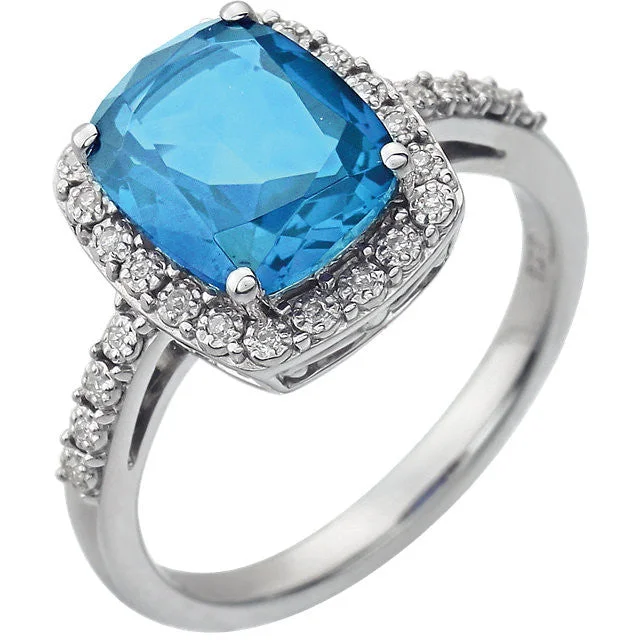 14k White Gold 10x8 Cushion Swiss Blue Topaz & Diamond Halo Ring