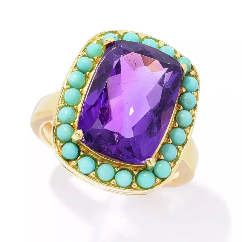 18k Yellow Gold Over Sterling Silver, African Amethyst and Campitos Turquoise Gemstone Classic Ring