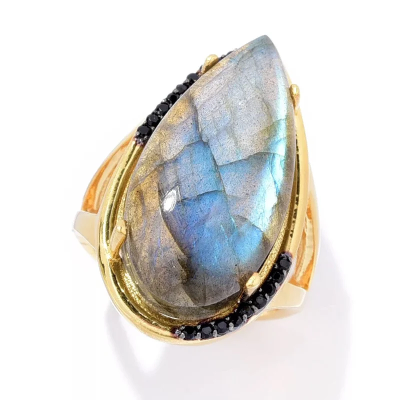 18K Yellow Gold Over Sterling Silver Labradorite Gemstone Solitaire Boho Ring