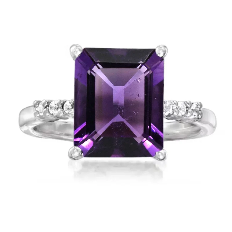 925 Sterling Silver African Amethyst and White Topaz Gemstone Solitaire Ring