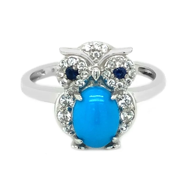 925 Sterling Silver Sleeping Beauty Turquoise Gemstone Owl Ring