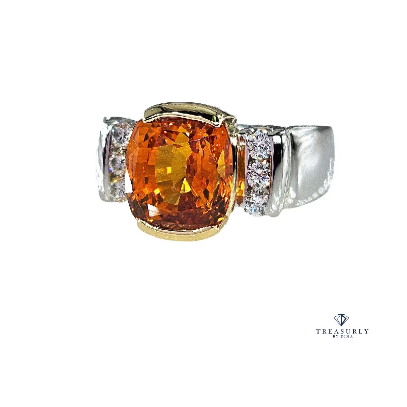 AGL 5.26ctw Natural Ceylon Orange Cushion Sapphire Diamond Platinum 18K Ring