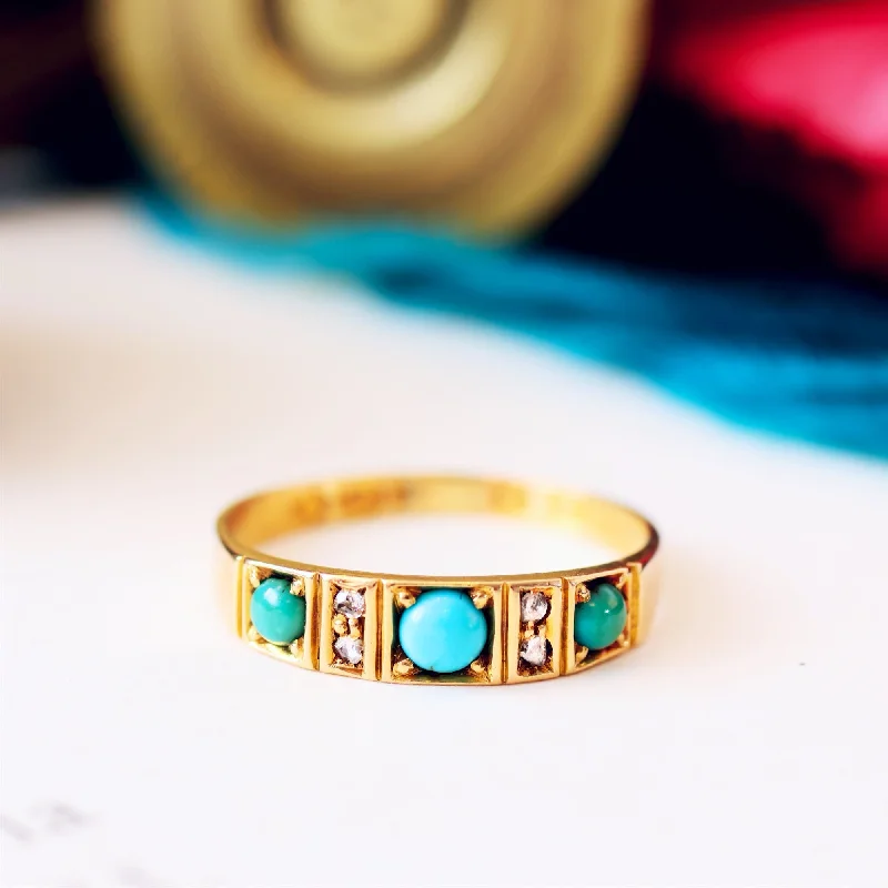 Antique Date 1920 Turquoise & Diamond Gold Ring