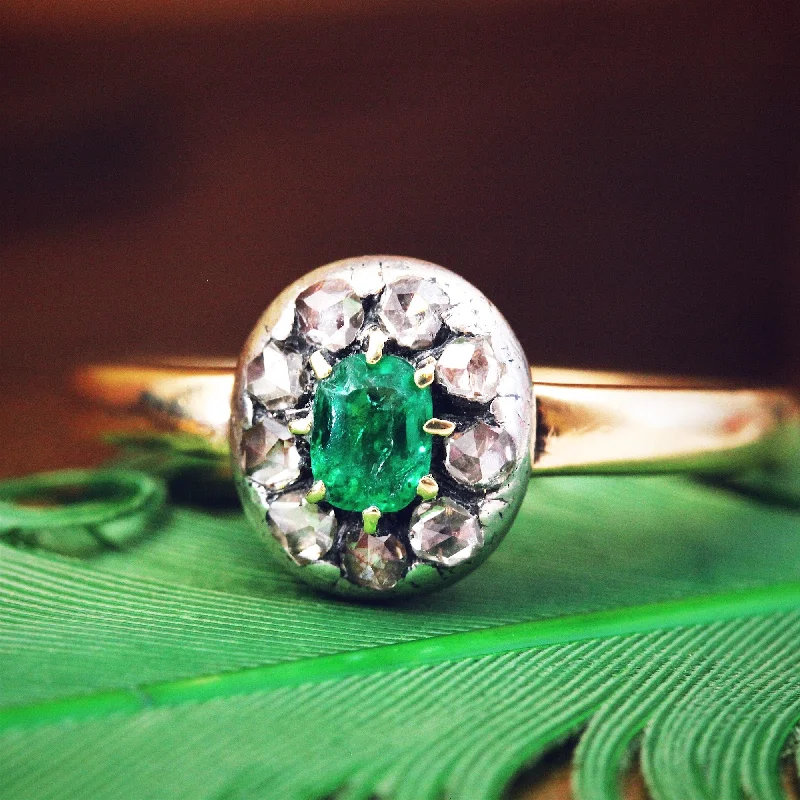 Antique Emerald & Rose Cut Diamond Cluster Ring