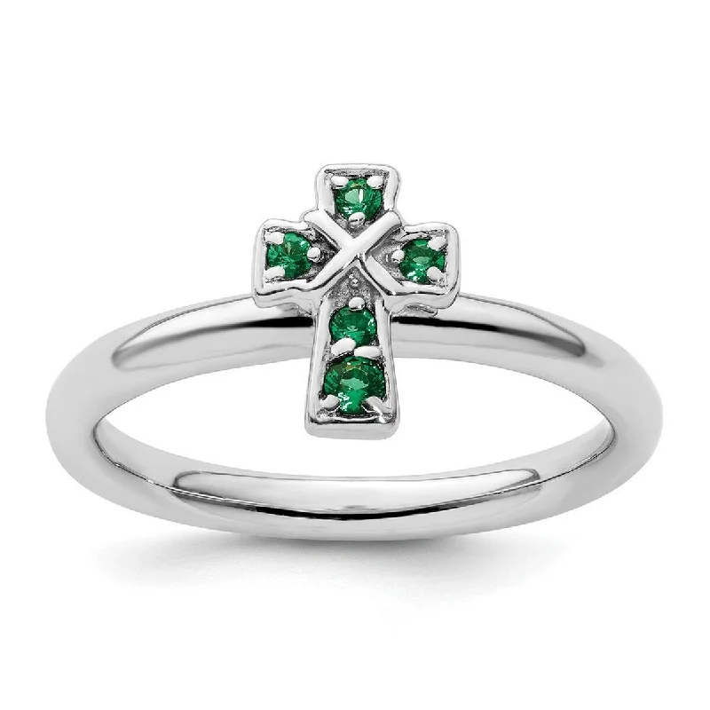 Curata 2.25mm 925 Sterling Silver Stackable Expressions Rhodium Created Emerald Religious Faith Cross Ring