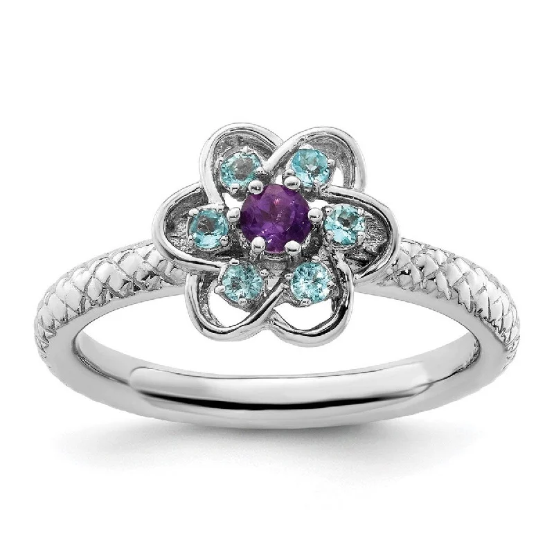 Curata 2.5mm 925 Sterling Silver Polished Prong set Stackable Expressions Amethyst and Blue Topaz Stackable Ring