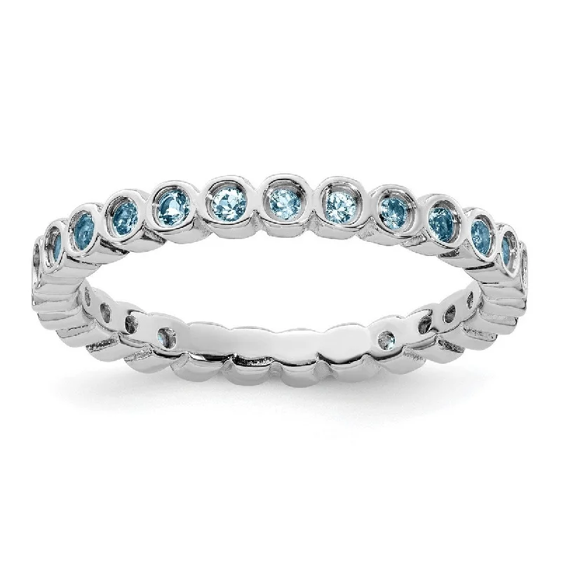 Curata 925 Sterling Silver Bezel Polished Patterned Stackable Expressions Aquamarine Ring