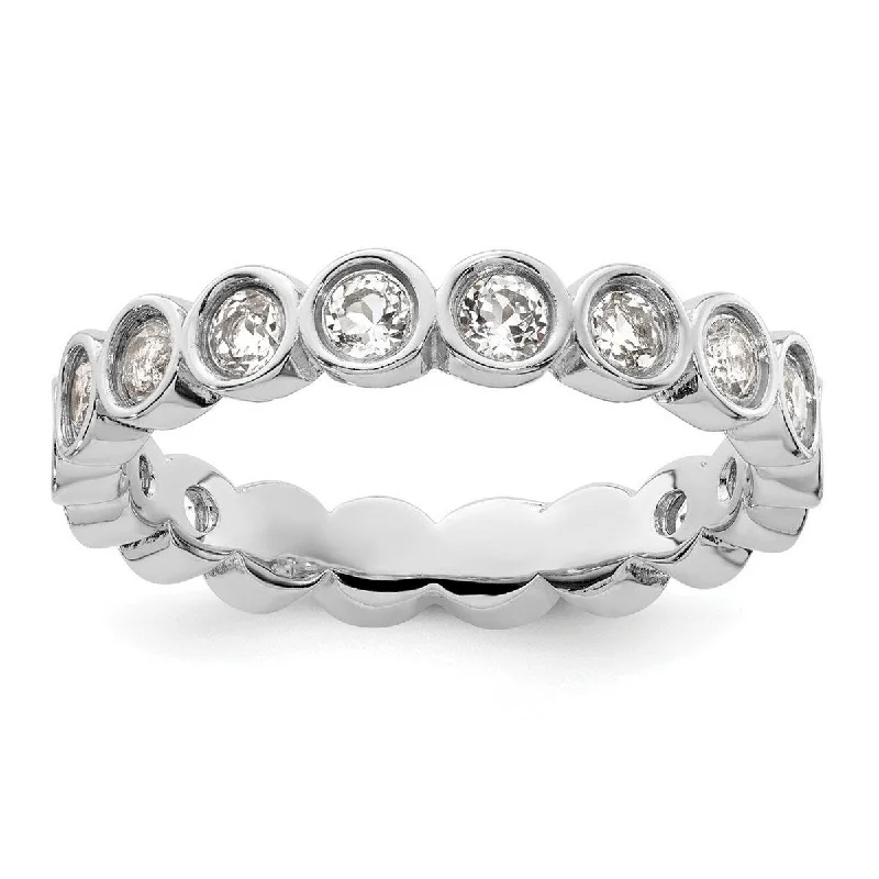 Curata 925 Sterling Silver Bezel Polished Patterned Stackable Expressions White Topaz Ring