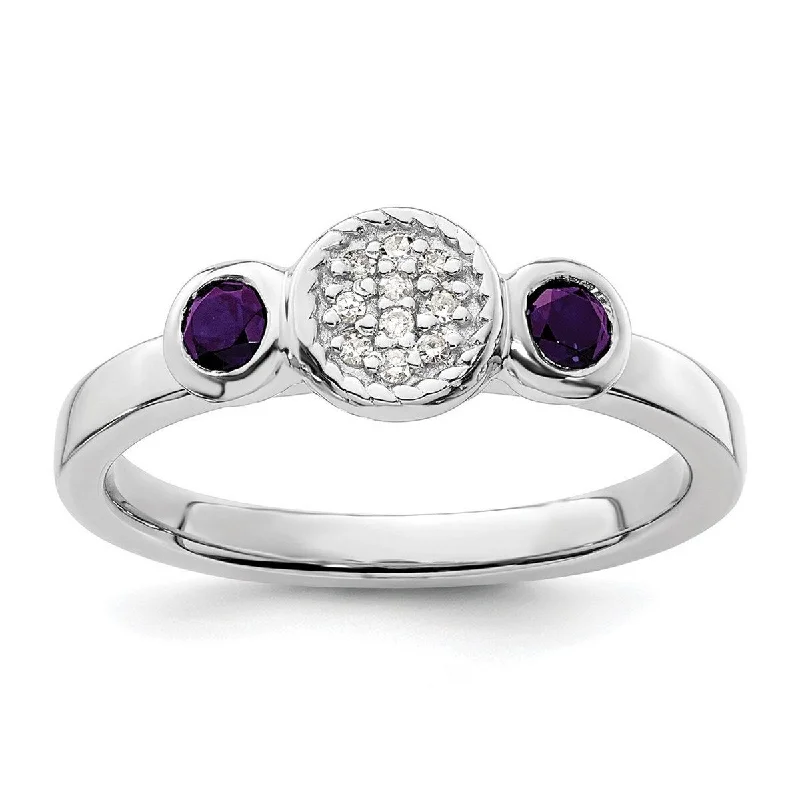 Curata 925 Sterling Silver Bezel Polished Prong set Stackable Expressions Db Round Amethyst and Dia. Ring