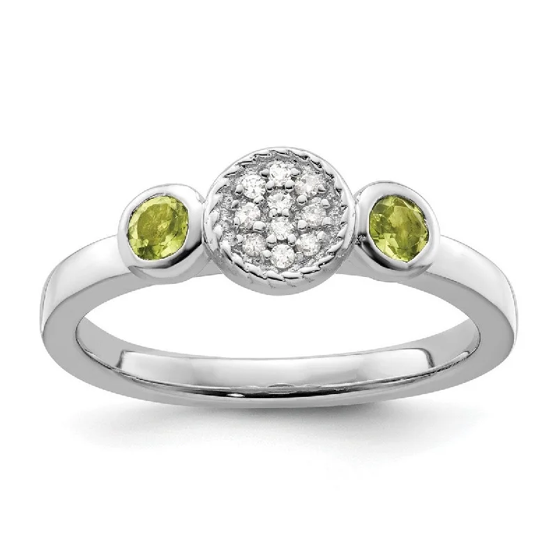 Curata 925 Sterling Silver Bezel Polished Prong set Stackable Expressions Db Round Peridot and Dia. Ring