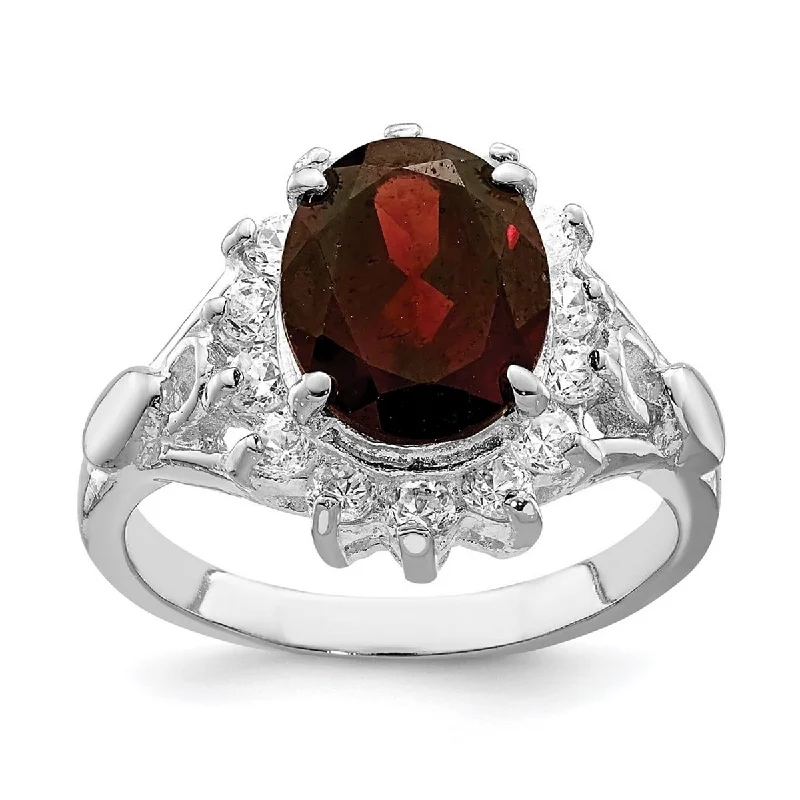 Curata 925 Sterling Silver Oval Polished Open back Garnet Ring