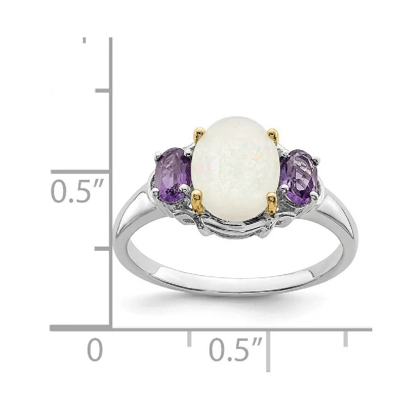 Curata 925 Sterling Silver Polished and 14K Simulated Opal and Amethyst Ring Measures 2x9mm