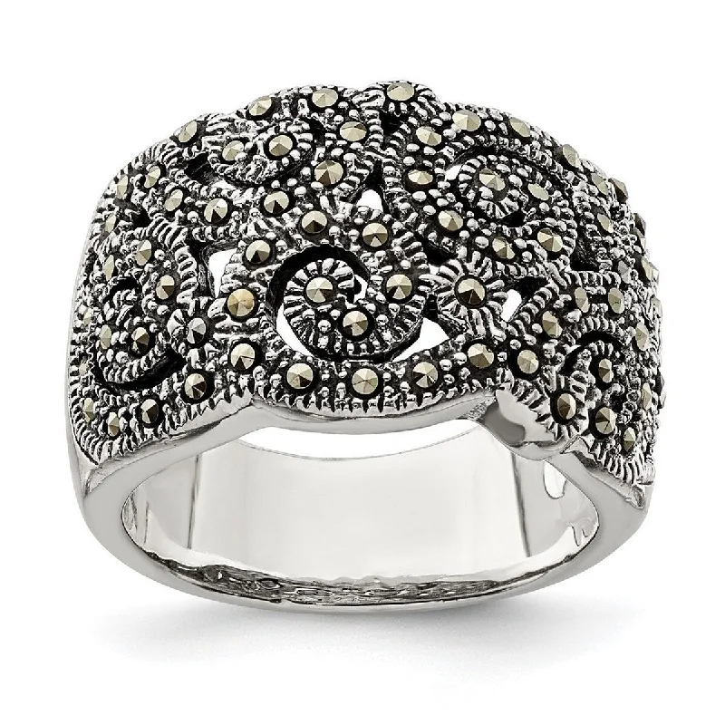 Curata 925 Sterling Silver Polished Open back Marcasite Ring