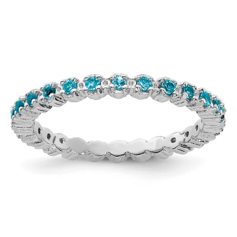 Curata 925 Sterling Silver Polished Prong set Patterned Stackable Expressions Blue Topaz Ring