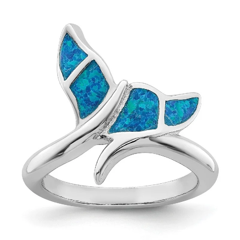 Curata 925 Sterling Silver Rhodium Plated Blue Inlay Simulated Opal Whale Tail Ring