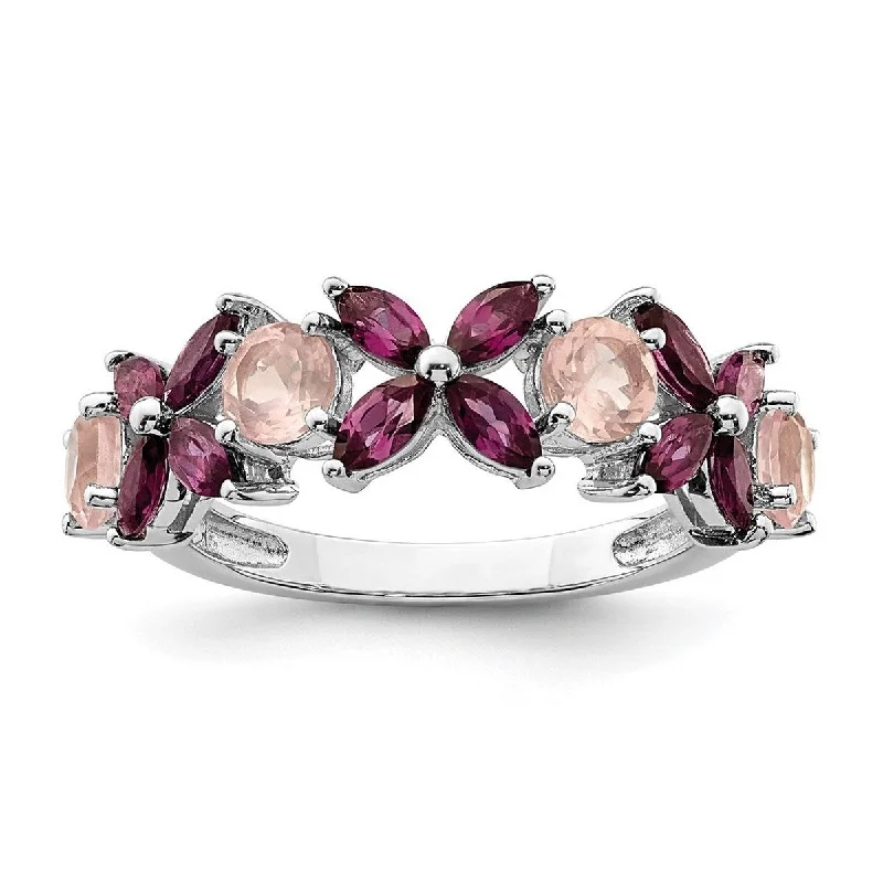 Curata 925 Sterling Silver Rhodium Plated Rose Quartz and Rhodolite Ring