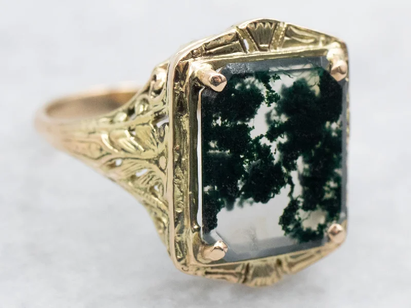 Emerald Cut Agate Filigree Ring