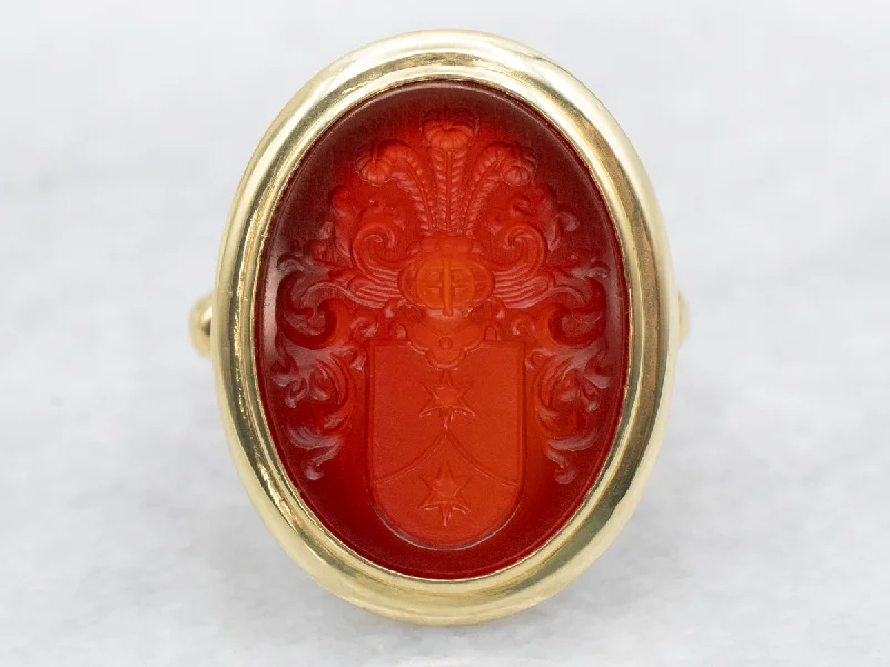 Vintage Green Gold Family Crest Carnelian Intaglio Ring