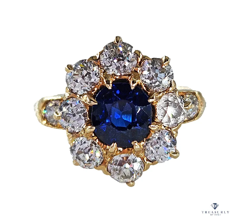 GIA Royal Blue Victorian 2.29ctw No Heat Old Mine Oval Sapphire Diamond Antique Vintage Cluster 14k Gold Ring