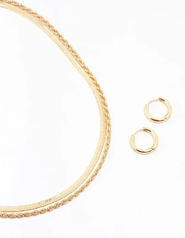 Gold Plated Twist & Snake Chain Necklace & Hoop Set