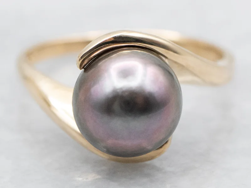 Back Pearl and Gold Bypass Ring